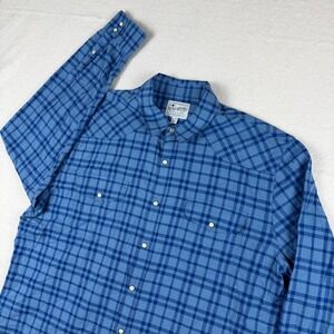 Lucky Brand Saturday Stretch Mens XL Blue Plaid Western Pearl Snap Shirt L/S
